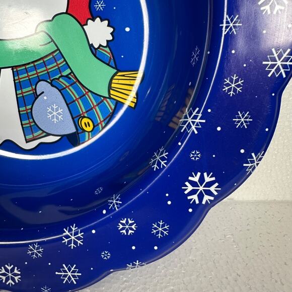 Vintage Snowman Snowflake Winter Serving Bowl Navy Blue Scallop Edge Holiday - Picture 4 of 7